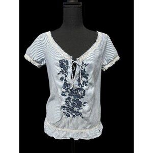 Abercrombie & Fitch Striped Short Sleeve Blouse W/ Embroidered Floral Design & T
